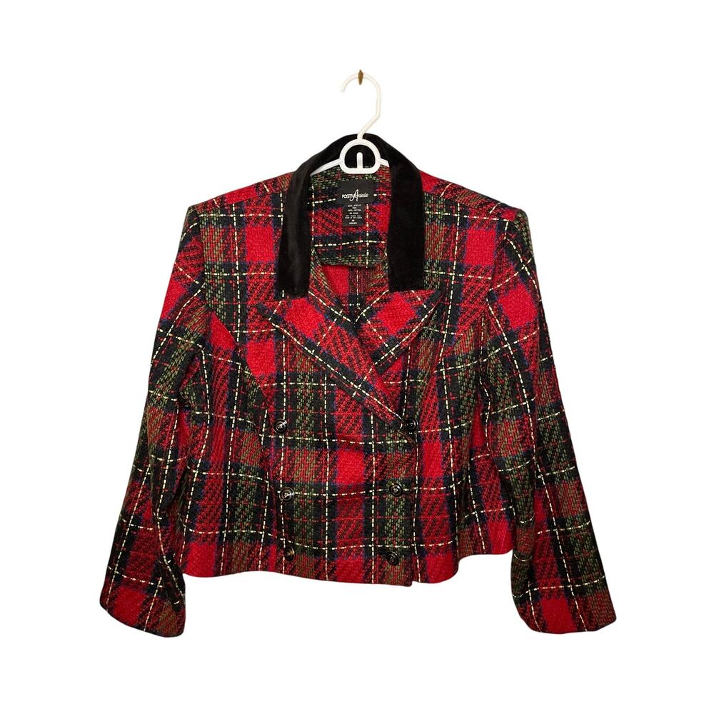 Vintage Positive Attitude Red Plaid Velvet Short Blazer Jacket Women's 18
